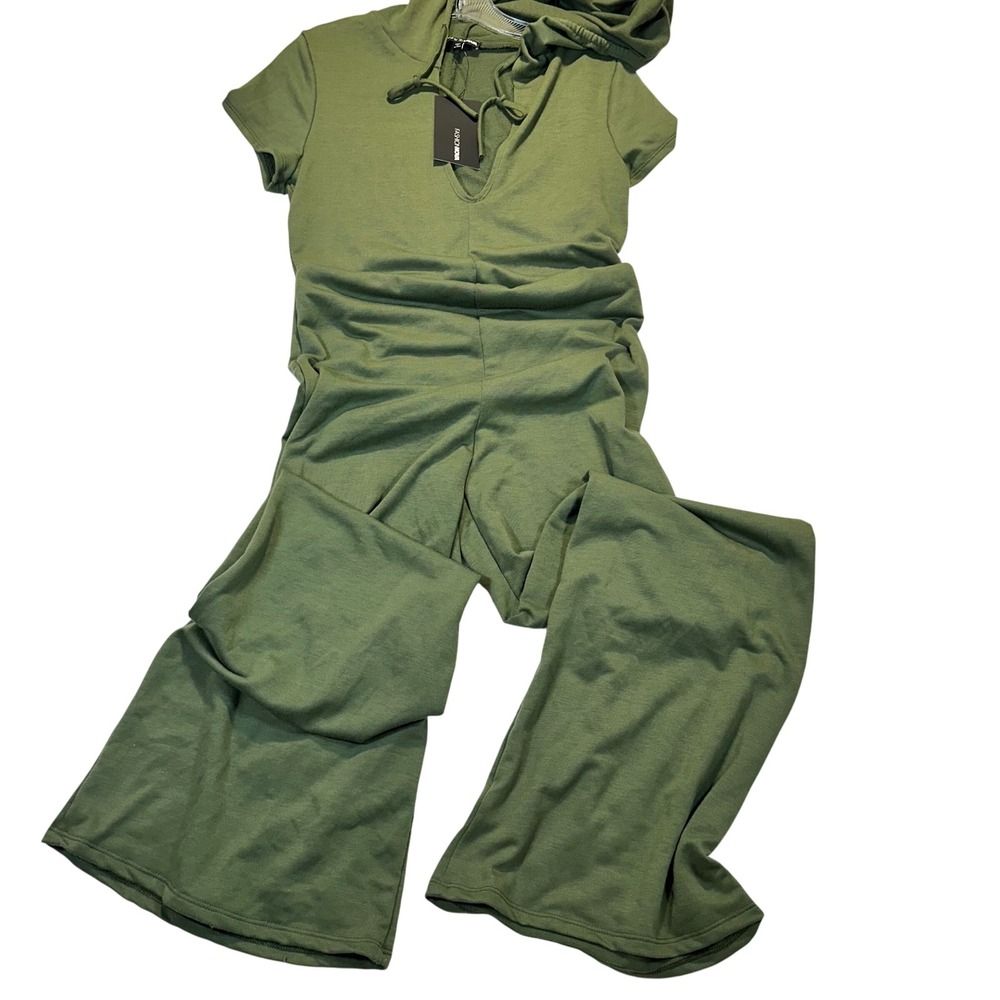 Fashion Nova Mavis Jumpsuit Women L Olive Green Hooded Wide Leg Loungewear